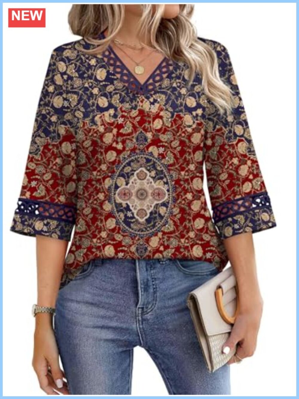 Womens V Neck 3/4 Bell Sleeve Blouse Eyelet Lace Trim Dressy Casual Work Top